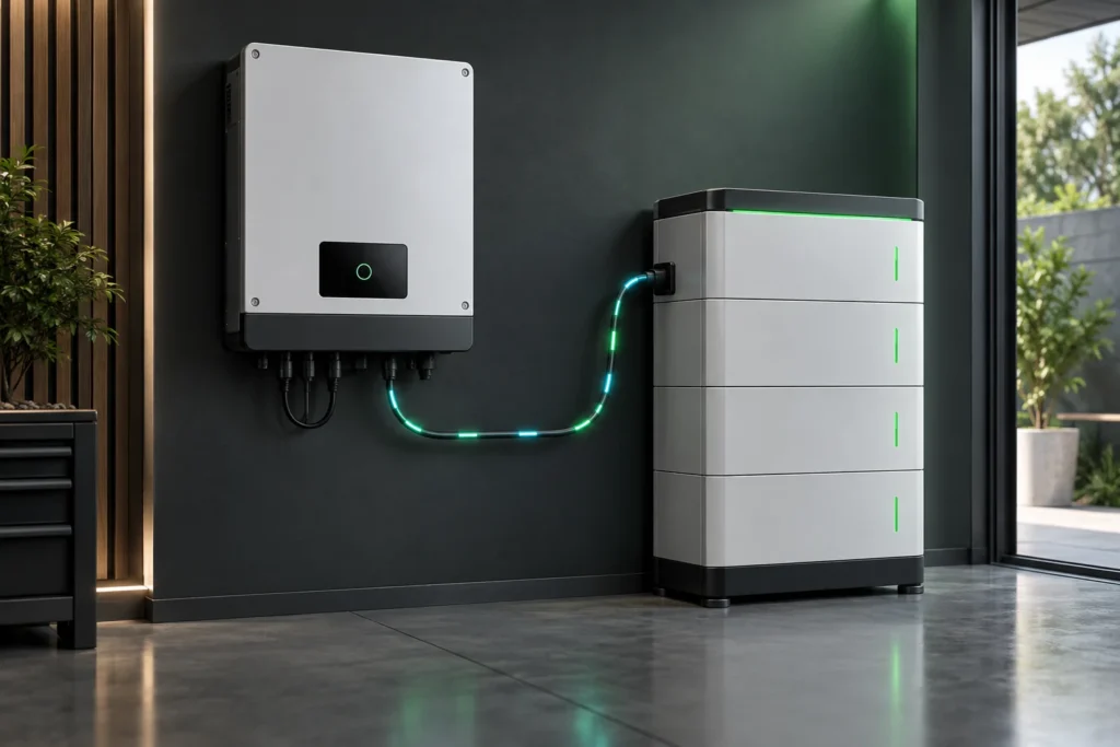 Hybrid inverter connected to a modular lithium battery system by a communication cable